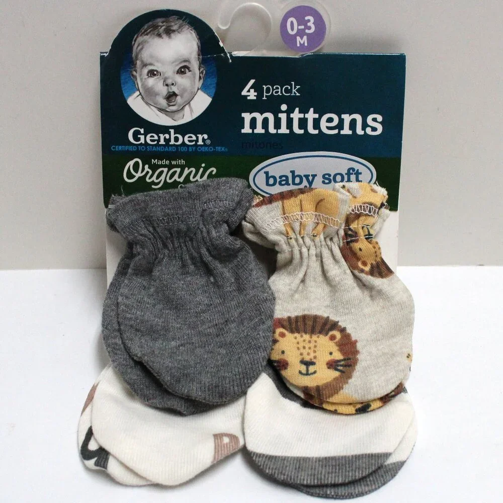 New 4 Pack Gerber Baby 0 - 3 Months Mittens Made With 100% Organic Cotton